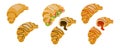 Croissant icon set. Freshly baked French croissant with different fillings, cut in half chocolate and strawberry croissant.