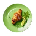 Croissant On A Lime Green Round Plate, French Dinners. Generative AI