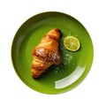 Croissant On A Limegreen Abstraction Round Plate, French Dinners. Generative AI