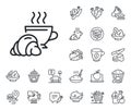 Croissant line icon. Coffee cup with bun sign. Crepe, sweet popcorn and salad. Vector