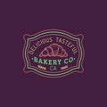 Croissant logo. Vector bakery label. Delicious tasteful cookie typographic poster. Hipster pastry icon. Desert emblem.