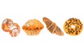 Croissant, muffin, bun and other sweet pastries isolated on white Royalty Free Stock Photo