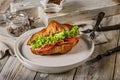 Croissant with Parma ham, red pesto cheese, tomato and fresh salad on a white plate. Morning food still life. Delicious breakfast Royalty Free Stock Photo