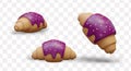 Croissant with purple topping and sprinkles. Delicious decorated pastries with fruity aroma