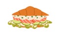 Croissant with salmon fish, lettuce, cream cheese, vegetables filling. French sandwich with tasty stuffing between roll