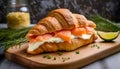 Croissant sandwich with cheese and salmon on wooden board, table background with ingredients, close up Royalty Free Stock Photo