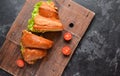 Croissant sandwich with chicken breast and lettuce. Croissant sandwich on a wooden board. Delicious nutritious breakfast Royalty Free Stock Photo