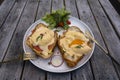 Croissant sandwich with poached egg, radish and salmon on plate in cafe Royalty Free Stock Photo