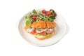 Croissant sandwich with salmon on white plate, served with fresh salad leaves Royalty Free Stock Photo