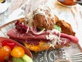 Croissant Sandwich with Smoked Rib, Ham and Cheddar Cheese at Breakfast Plate Royalty Free Stock Photo