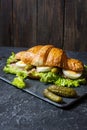 Croissant sandwich with tuna, hard boiled egg, salad and cucumber on stone table Royalty Free Stock Photo