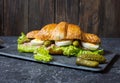 Croissant sandwich with tuna, hard boiled egg, salad and cucumber on stone table Royalty Free Stock Photo