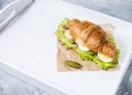 Croissant sandwich with tuna, hard boiled egg, salad and cucumber on white tray. Breakfast concept Royalty Free Stock Photo