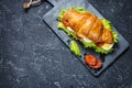 Croissant sandwich with tuna, hard boiled egg, salad and sun-dried tomatoes on stone table Royalty Free Stock Photo