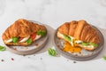 Croissant sandwiches with poached egg, avocado, soft cheese, mozzarella and tomato in a plate Royalty Free Stock Photo