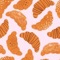 Croissant seamless pattern. French bakery morning background with cute flat hand drawn buns.