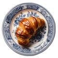 Croissant On A White Ornate Round Smooth Plate, French Dinners. Generative AI