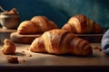 Croissants, bread on a pastel background Commercial photography