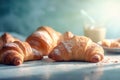 Croissants, bread on a pastel background Commercial photography