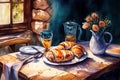 Croissants Breakfast On Table In France Country House - Generative AI