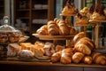 Croissants, cakes, pastries and buns on display in a bakery coffee shop