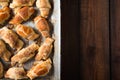 Croissants with chocolate on baking tray Royalty Free Stock Photo