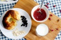 Croissants with glass of milk and jam