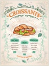 Croissants menu list template, retro style vector menu