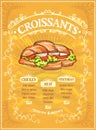 Croissants menu list template, retro style vector menu with empty space for text and hand drawn croissant