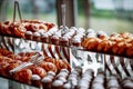 Croissants, muffins and buns lying on a glass table.