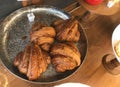 Croissants for Sale on Silver Tray at Showcase of Cafe / Coffee Shop Royalty Free Stock Photo