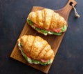 Croissants with salmon, white cheese and arugula. Breakfast