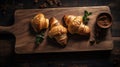 Croissants on wooden board, top view. Fresh croissants on wooden background.