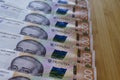 Crolled stack cash money 500 hryvnia. Ukrainian national currency bills Money on table. Close up finance background