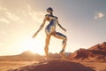 Crome robot woman dancing in the desert. Artificial intelligence rise and shiny. Mechanical beauty. Generated AI.