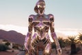 Crome robot woman portrait in the city. Artificial intelligence rise and shiny. Mechanical beauty. Generated AI.