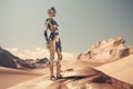 Crome robot woman standing in the desert. Artificial intelligence rise and shiny. Mechanical beauty. Generated AI.