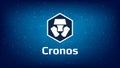 Cronos CRO token symbol on dark blue polygonal background. Crypto.com Cryptocurrency logo icon for website or banner