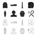 Crook and flail,a golden mask, an egyptian, a mummy in a tomb.Ancient Egypt set collection icons in black,outline style