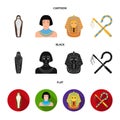 Crook and flail,a golden mask, an egyptian, a mummy in a tomb.Ancient Egypt set collection icons in cartoon,black,flat