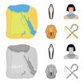 Crook and flail,a golden mask, an egyptian, a mummy in a tomb.Ancient Egypt set collection icons in cartoon,monochrome
