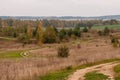 Crooked country road without cars through beautiful autumn trees. We see gray autumn dry grass and autumn forest in the Royalty Free Stock Photo