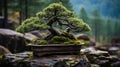 Crooked Japanese pine bonsai growing on stones. Royalty Free Stock Photo