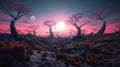 Crooked trees in a dry climate of an alien planet, in dim red light. Generative AI