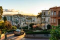 The crookedest street in the world Lombard street. San Francisco is lightened by morning sun