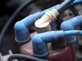 Crop closeup selective focus on engine electric parts Royalty Free Stock Photo