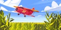 Crop duster plane flying over green corn field