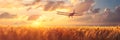 Crop duster plane flying over wheat field, farm airplane in cloudy sky on sunset. Agricultural cropduster machine Royalty Free Stock Photo