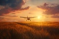 Crop duster plane flying over wheat field, farm airplane in cloudy sky on sunset. Agricultural cropduster machine Royalty Free Stock Photo