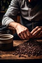 Crop farmer pouring coffee beans in container